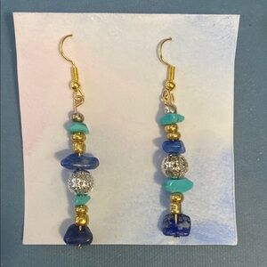 Gold and Blue Dangling Beaded Earrings